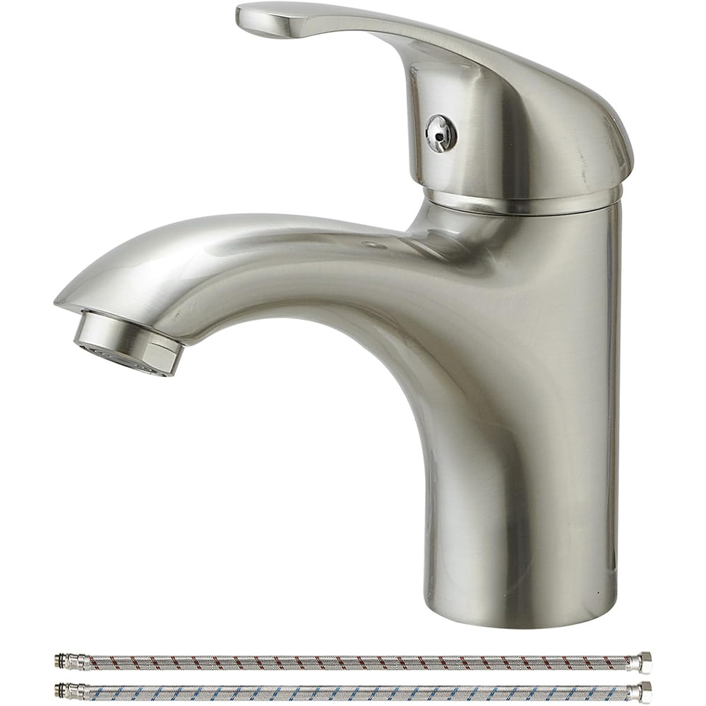 Bathroom Faucet Brushed Nickel Single Handle with Edged Spout One Hole Deck Moun